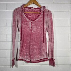 Roxy Henley Hoodie Medium Pink Acid Wash Waffle Knit Thermal Long Sleeve Y2K